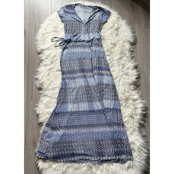 Three 3 Dot Surplice Wrap Maxi Dress Anthropologie Navy White Batik Pattern XS - Picture 1 of 7